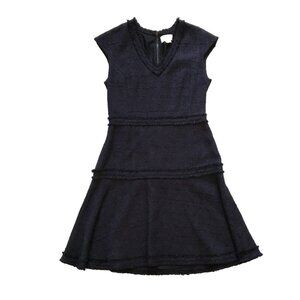 Charlotte Brody Boucle A-Line Dress Womens 2 Navy Blue V-Neck Cap Sleeve Fringe